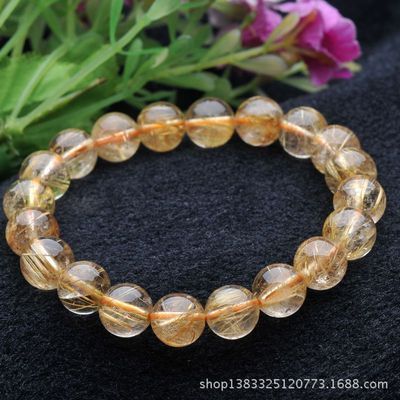 纯天然精品10mm巴西钛晶金钛晶圆珠手链 招财纳福的珠宝珍品